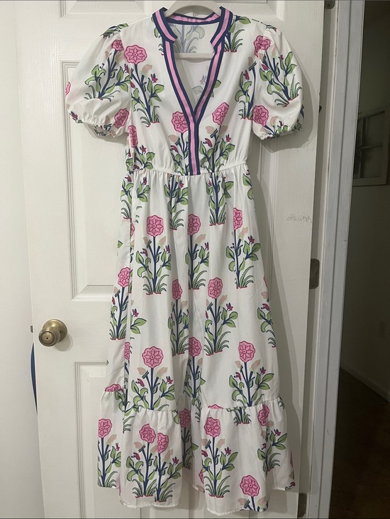 Dresses & Skirts - White Floral Maxi Dress with Pink & Green Print